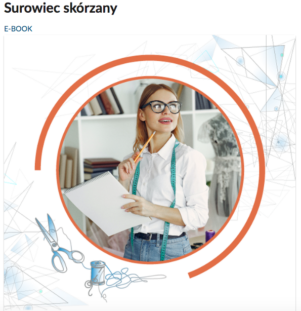 Grafika przedstawia okładkę e‑booka. W okrągłej ramce zdjęcie przedstawiające kobietę. Ubrana jest w białą koszulę i jeansy. Ma okulary w ciemnych oprawkach oraz rozpuszczone blond włosy. Na szyi ma powieszoną miarkę krawiecką. W rękach trzyma notatnik i ołówek.