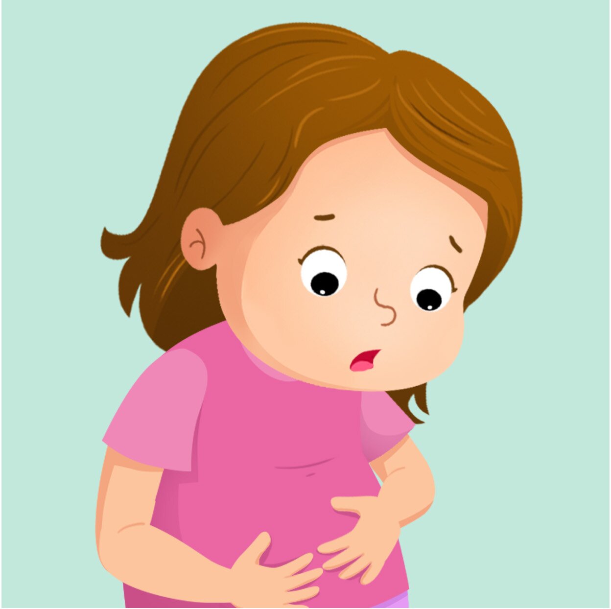 Ilustracja przedstawia dziewczynkę. Lea trzyma się z a brzuch.