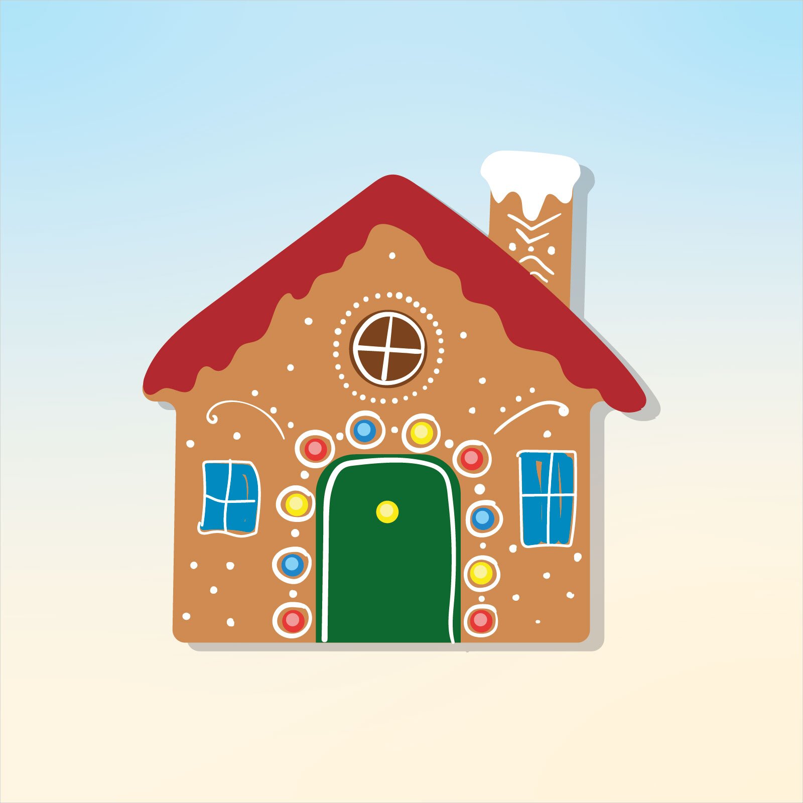 Ilustracja przedstawia domek z piernika, z kolorowymi elementami. Dach jest czerwony. Komin ma białą polewę i białe zdobienia. Drzwi są zielone. Wokół drzwi, widoczne są czerwone, niebieskie i żółte kółeczka. Nad drzwiami widać brązowe okrągłe okno. Po obu stronach drzwi znajdują się niebieskie okna. Cała frontowa ściana pełna jest białych zdobień.