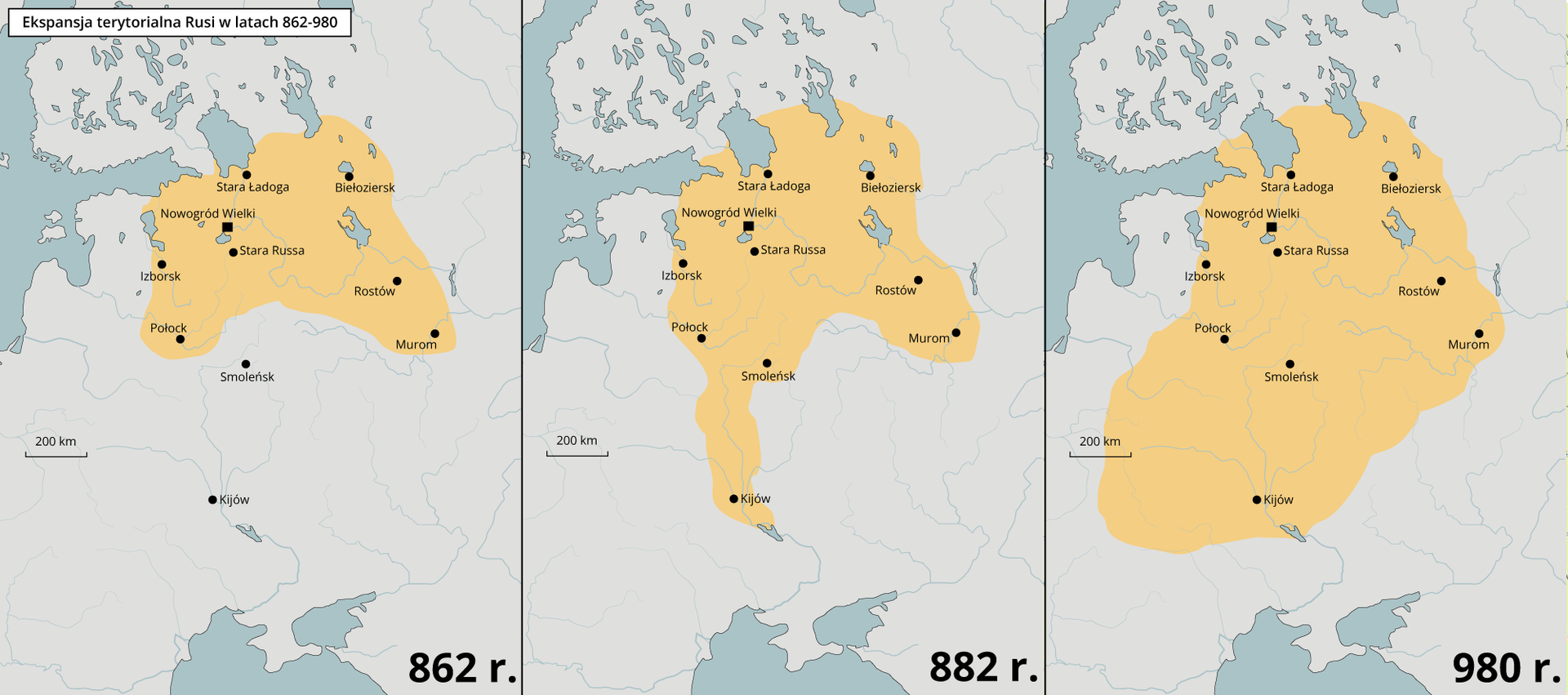 Trzy mapy przedstawiają ekspansję terytorialną Rusi od 862 do 980 roku.  W 862 roku Ruś kontrolowała takie miasta jak Nowogród Wielki, Stara Ładoga, Biełoziersk, Izborsk, Połock, Rostów, Murom oraz Stara Russa.  W 882 roku kontrolowała już takie miasta jak Smoleńsk czy Kijów.  W 890 roku kontrolowała obszar dzisiejszej Białorusi, północnej Ukrainy i zachodniej Rosji. 