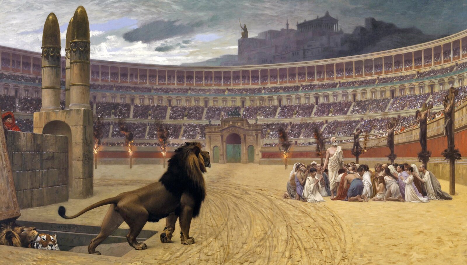 Na kolistej arenie, przy pełnej widowni, na ziemi klęczą ludzie i się modlą. Są wśród nich mężczyźni, kobiety i dzieci. W ich kierunku idzie lew, pozostałe dwa, wychodzą z podziemnych klatek. Wokół areny ludzie wiszący na krzyżach. W tle wzgórza i zabudowa miasta. 