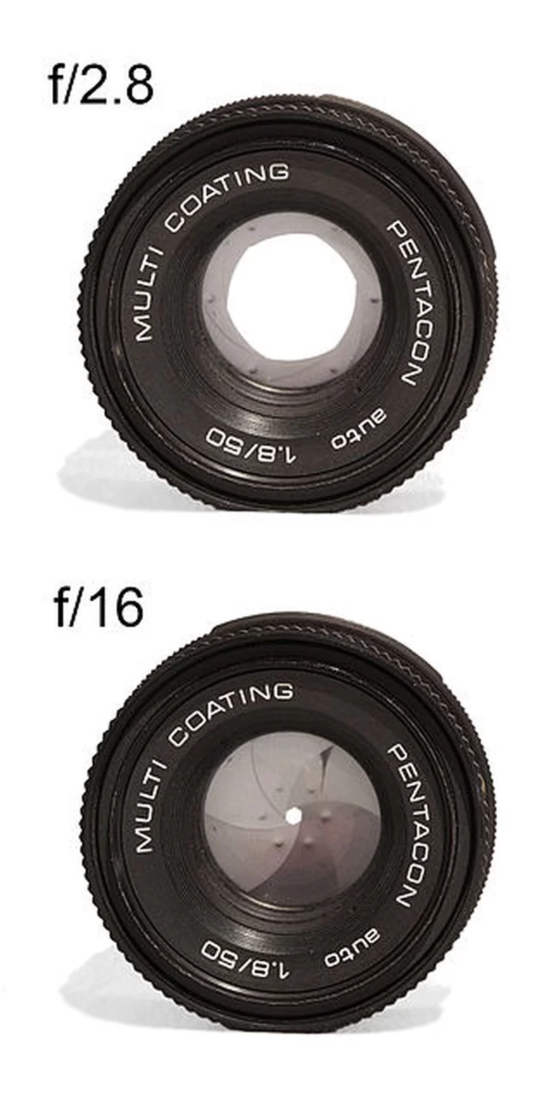 Ilustracja przedstawia dwa obiektywy. Pierwszy obiektyw jest słabo przysłonięty. Wokół niego znajduje się napis: Multi coating. Pentacon; auto 1.8/50. W górnym rogu zdjęcia zamieszczono informację: f/2.8. Dolne zdjęcie przestawia obiektyw mocno przysłonięty z tym samym napisem. W górnym lewym rogu zdjęcia zamieszczona jest informacja: f/16.