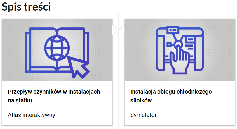 Grafika przedstawia dwa kafelki ze spisu treści. Są umiejscowione obok siebie. Mają prostokątny kształt. Górna część kafelka to grafika w szarym kolorze z niebieskim symbolem danego multimedium. Dolna część to tytuł i nazwa multimedium. Kafelek z lewej przedstawia otwartą książkę, w której wnętrzu widać globus. Na globus wskazuje strzałka. Podpis multimedium brzmi: Przepływ czynników w instalacjach na statku, atlas interaktywny. Drugi kafelek dłoń z wyciągniętym palcem, klikającą na skomplikowany schemat. Podpis multimedium brzmi: Instalacja obiegu chłodniczego silników, symulator.