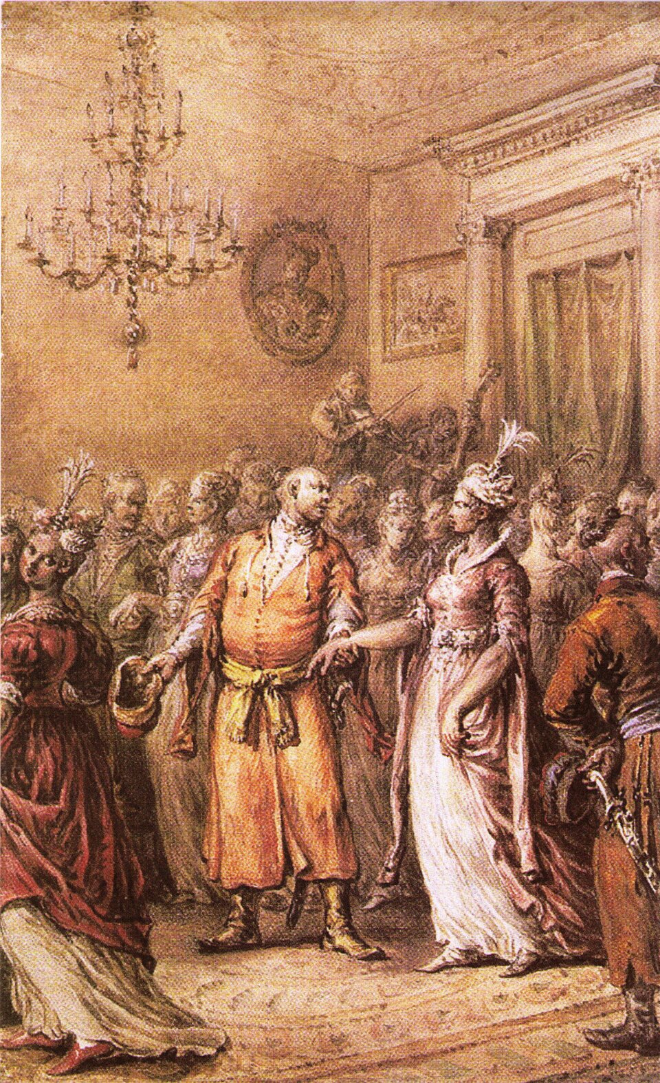 Obraz przedstawiający scenę rodzajową. W pałacowej Sali trwa bal. W kącie Sali widać dwóch muzyków przygrywających do tańca. Sala wypełniona jest szlachtą. Mężczyźni ubrani są w staropolskie kontusze, przy pasach mają przytroczone karabele. Kobiety mają długie, zdobne suknie. Na pierwszy planie widać mężczyznę prowadzącego kobietę w rytm poloneza.