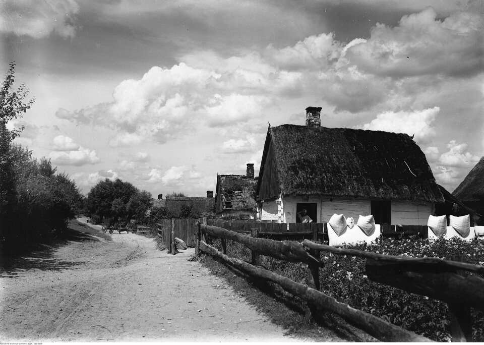 Zdjęcie przedstawia wieś. Z lewej strony znajduje się wiejska dróżka oraz rosnące przy niej krzewy. Z prawej strony jest drewniany płot a za nim rośliny. Na płocie suszy się kołdra oraz poduszki. Dalej są wiejskie chaty z dachami przykrytymi słomą.