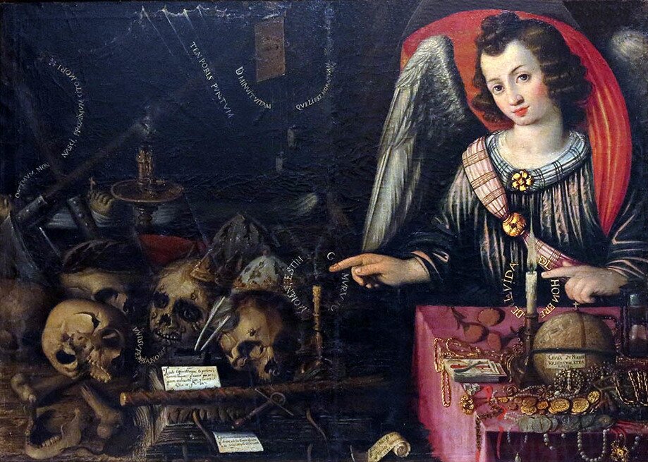 Obraz przedstawia anioła, który wskazuje prawą dłonią leżące nieopodal niego, na stole, ludzkie czaszki i kości. Na drugim stole , bezpośrednio przed aniołem leżą kosztowności, złote monety.