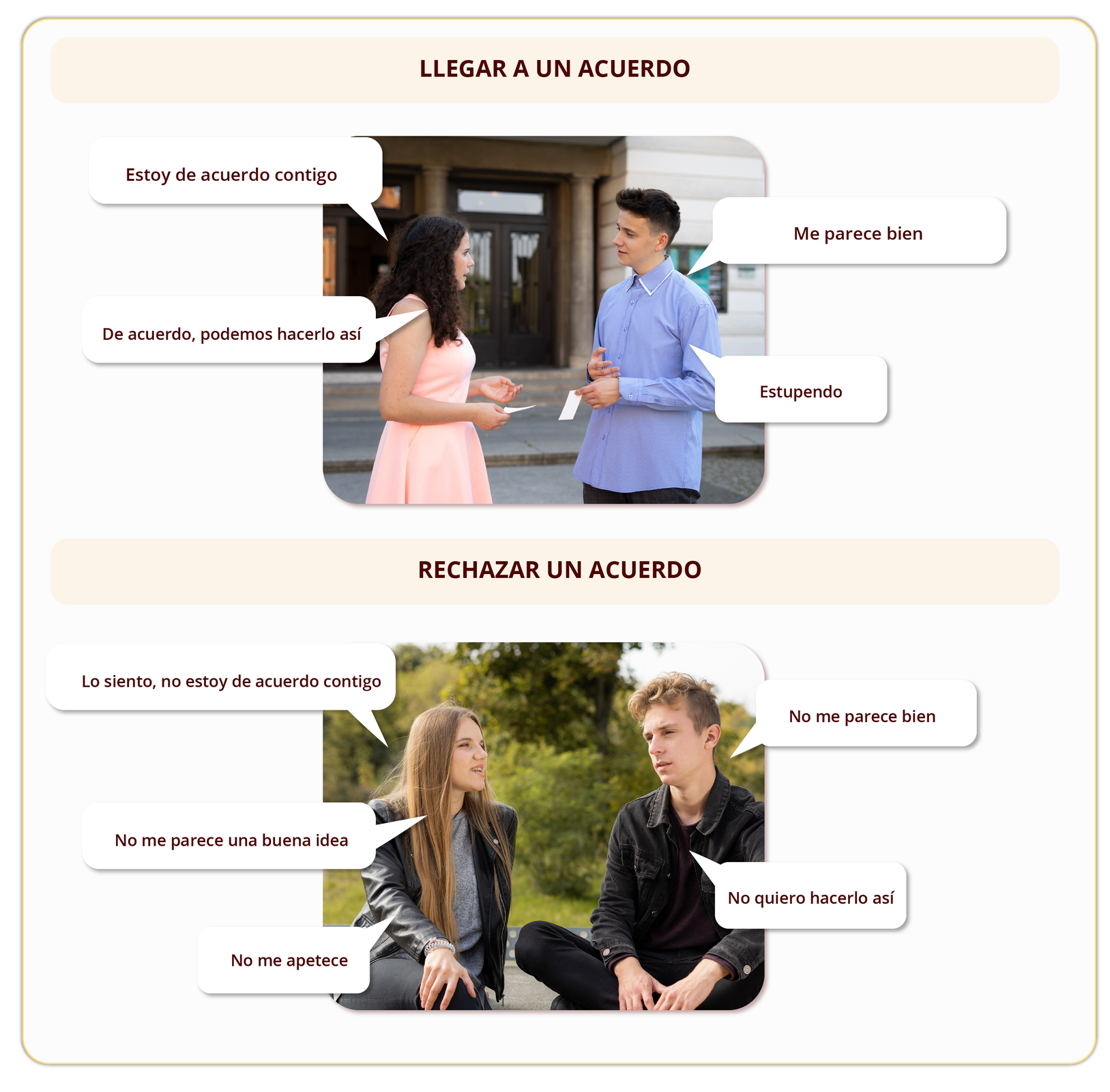 Grafika podzielona jest na dwie części. Pierwsza część zatytułowana jest  LLEGAR A UN ACUERDO  a w jej centrum znajduje się zdjęcie młodej kobiety i mężczyzny, którzy rozmawiają. Wokół zdjęcia dymki z tekstem rozmowy: Kobieta:  Estoy de acuerdo contigo.  Mężczyzna:  Me parece bien.  Kobieta:  De acuerdo, podemos hacerlo así.  Mężczyzna:  ¡Estupendo!  Druga część zatytułowana jest  RECHAZAR UN ACUERDO  a w jej centrum znajduje się zdjęcie młodej kobiety i mężczyzny, którzy rozmawiają. Wokół zdjęcia dymki z tekstem rozmowy: Kobieta:  Lo siento, no estoy de acuerdo contigo.  Mężczyzna:  No me parece bien.  Kobieta:  No me parece una buena idea.  Mężczyzna:  No quiero hacerlo así.  Kobieta:  No me apetece.  