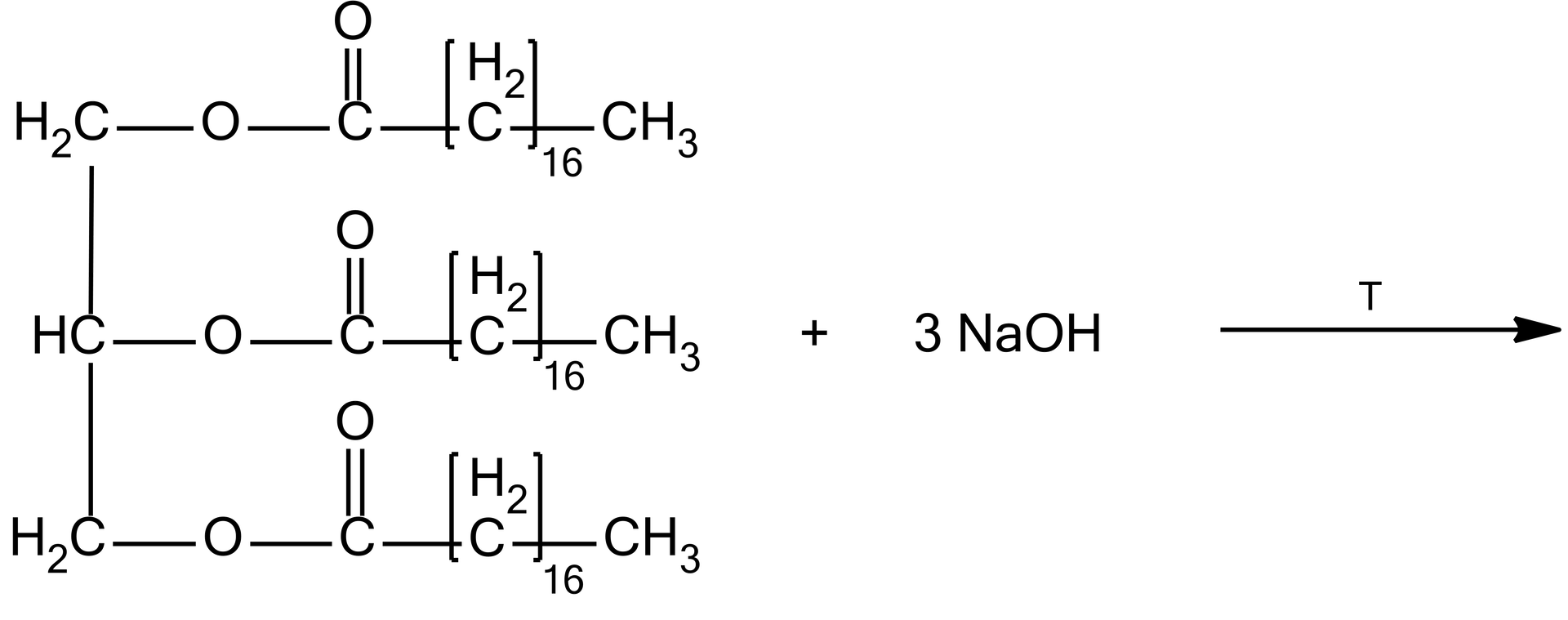 Na ilustracji jest równanie reakcji: jedna cząsteczka tristearynianu gliceryny dodać trzy cząsteczki wodorotlenku sodu strzałka w prawo, nad strzałką litera T. 