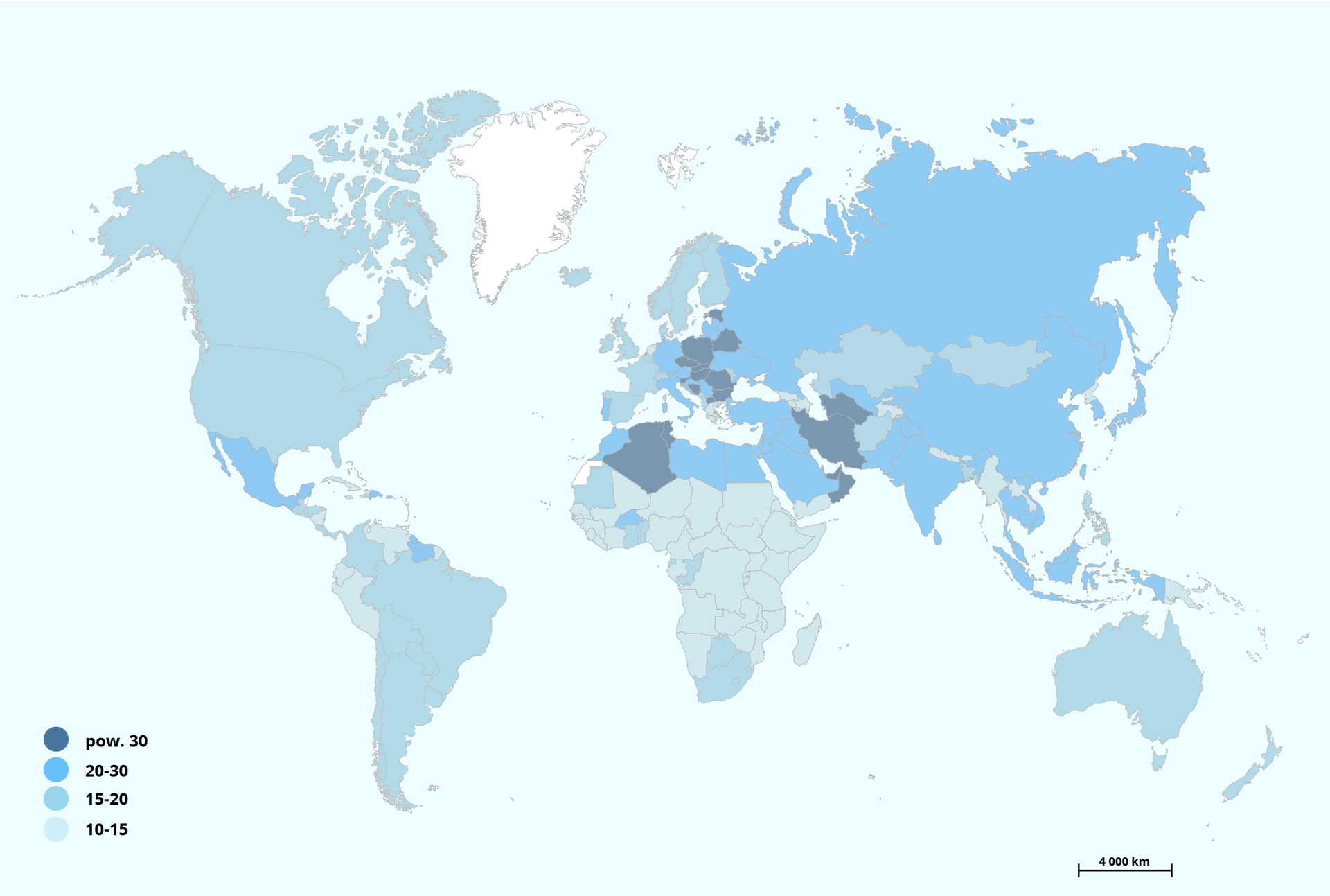 Mapa świata przedstawia zatrudnienie w sektorze przemysłu. Powyżej 30% wystąpiło w Algierii, Iranie, Polsce, na Białorusi, Słowacji, Węgrzech, w Czechach, Rumunii, Bułgarii. Od 20 do 30% wystąpiło w Rosji, Japonii, Chinach, Indiach, Malezji, Indonezji, Tajlandii, Indiach, Pakistanie, Arabii Saudyjskiej, Iraku, Turcji, Egipcie, Libii, Maroku, Niemczech, Austrii, we Włoszech, w Meksyku. Od 15 do 20% wystąpiło w Kanadzie, USA, Brazylii, Argentynie, Kolumbii, Chile, Boliwii, RPA, Botswanie, Mali, Hiszpanii, Francji, Wielkiej Brytanii, na Islandii, w Szwecji, Norwegii, Finlandii, Kazachstanie, Mongolii, Australii, Nowej Zelandii. Od 10 do 15% wystąpiło w Peru, Wenezueli, środkowej Afryce, na Madagaskarze, w Birmie, Papui Nowej Gwinei.