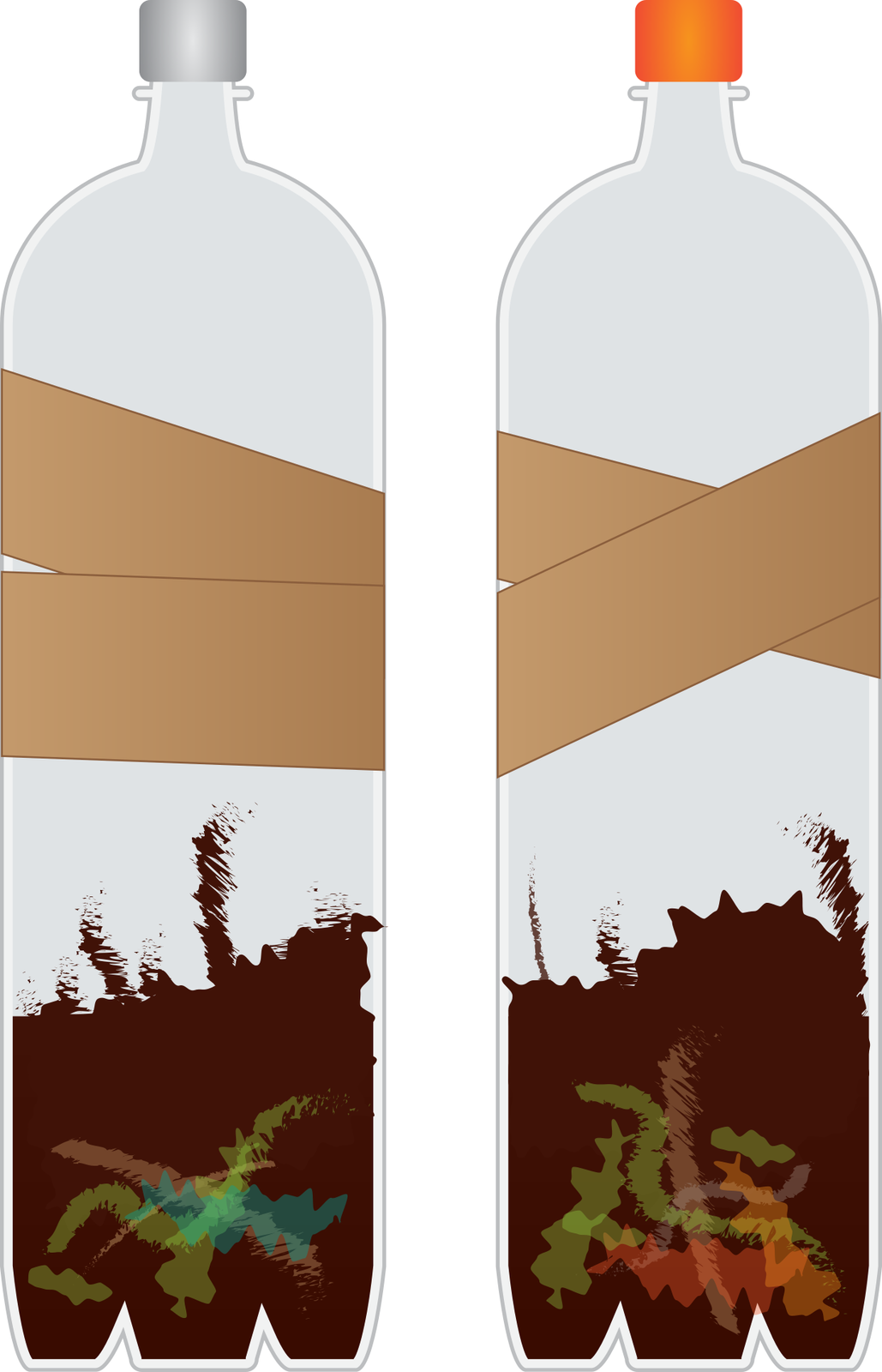 Grafika przedstawia dwie plastikowe butelki pełniące w doświadczeniu rolę kolumn kompostowych. 