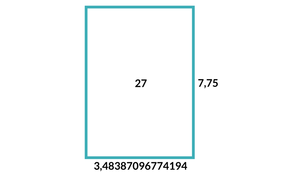 Ilustracja kwadrat o dwóch dłuższych bokach. W polu kwadratu wpisano 27. Dolny bok oznaczono jako 3,48387096774194. Prawy bok jako 7,75.