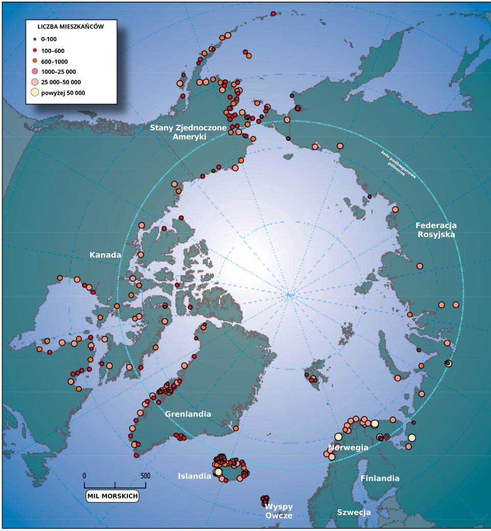 Na mapie w postaci kropek zaznaczono osadnictwo w Arktyce. Zaludnione są następujące obszary: zachodnie wybrzeże Grenlandii (liczne kropki), północne wybrzeże Islandii (liczne kropki), północne wybrzeże Skandynawii (w dwóch miejscach liczba mieszkańców wynosi powyżej 50 000). Pojedyczne kropki są wzdłuż wybrzeża Federacji Rosyjskiej , wzdłuż wybrzeża Alaski i Kanady.  
