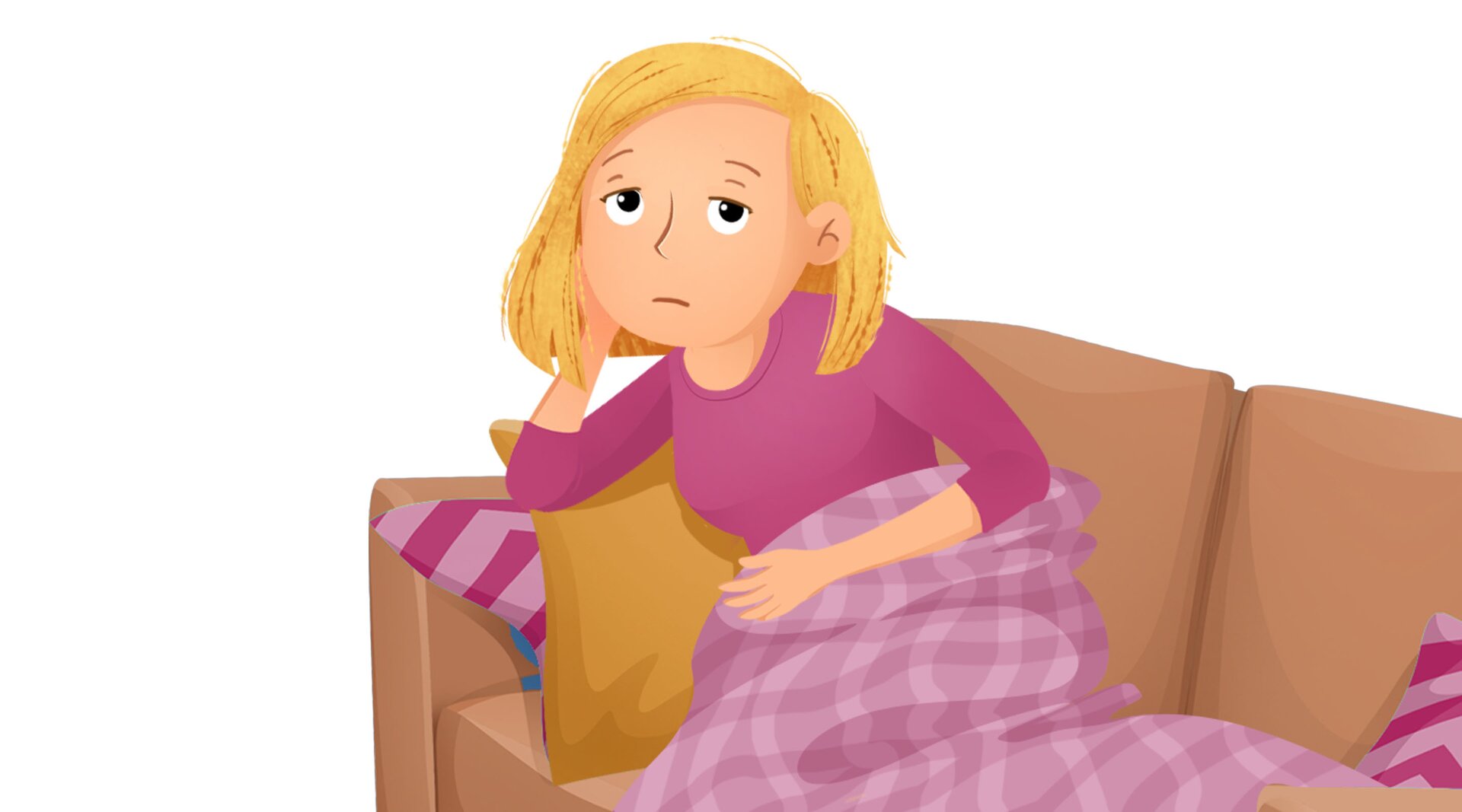 Na ilustracji znajduje się zmęczona kobieta leżąca na kanapie pod kocem.