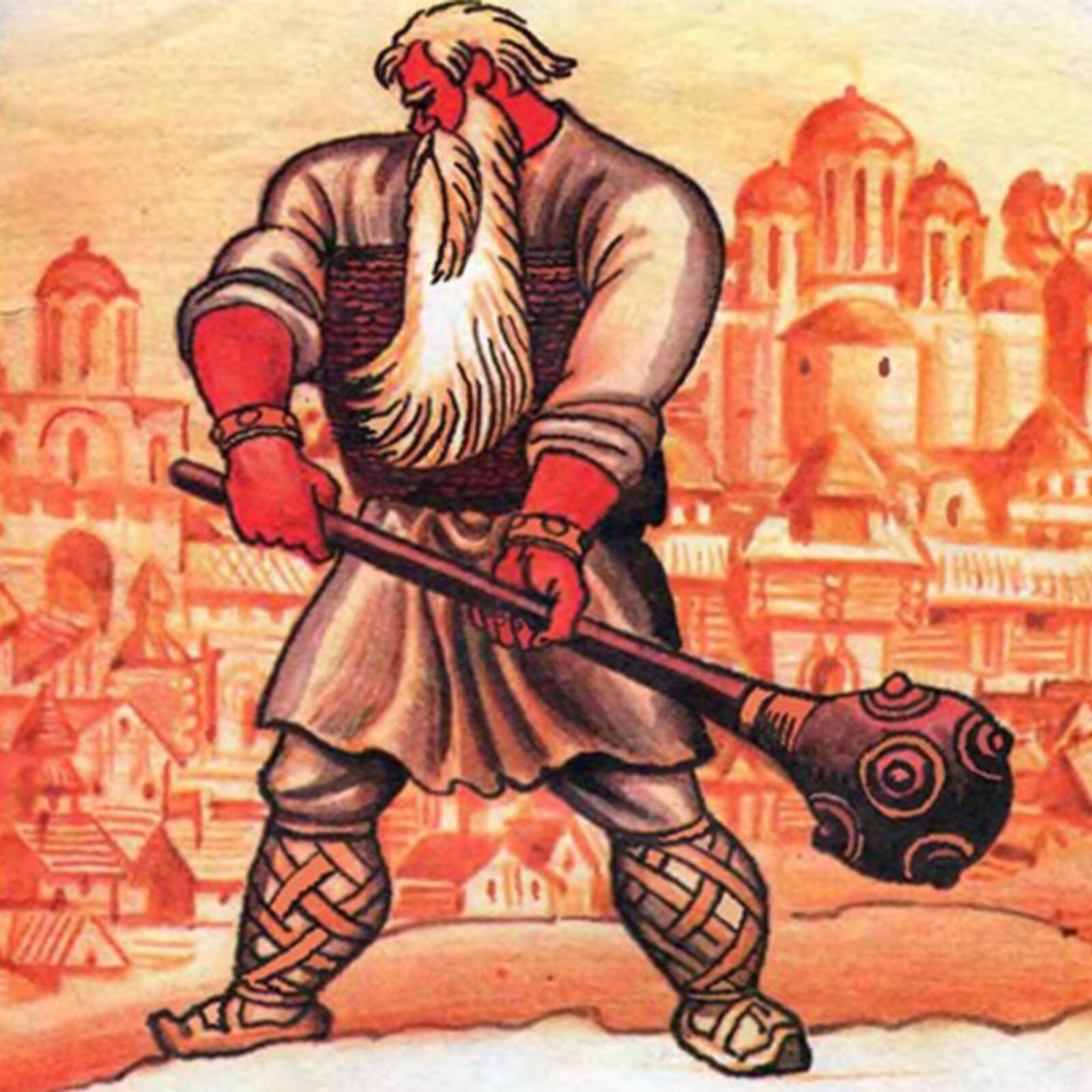 Na ilustracji znajduje się wysoki, bardzo silny mężczyzna z długą, siwą brodą i wielką maczugą w dłoniach. Za nim widzimy budynki średniowiecznego miasta.