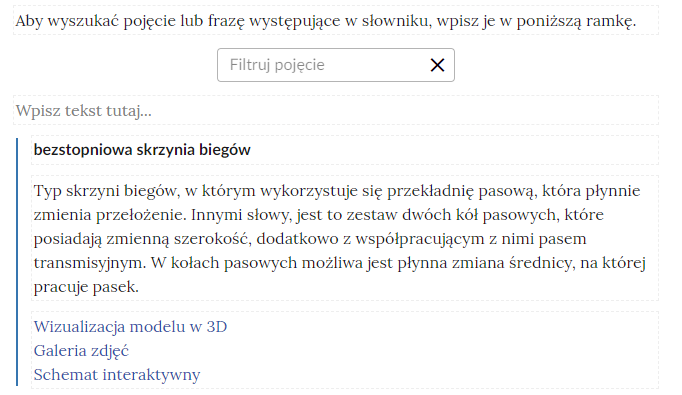 Widok na górną część słownika z polem do filtrowania haseł słownika. Na ekranie wyszukiwane hasło zaznaczone pogrubioną czcionką oraz jego definicja wraz z odnośnikami interaktywnymi do wizualizacji 3D, galerii zdjęć i schematu interaktywnego.