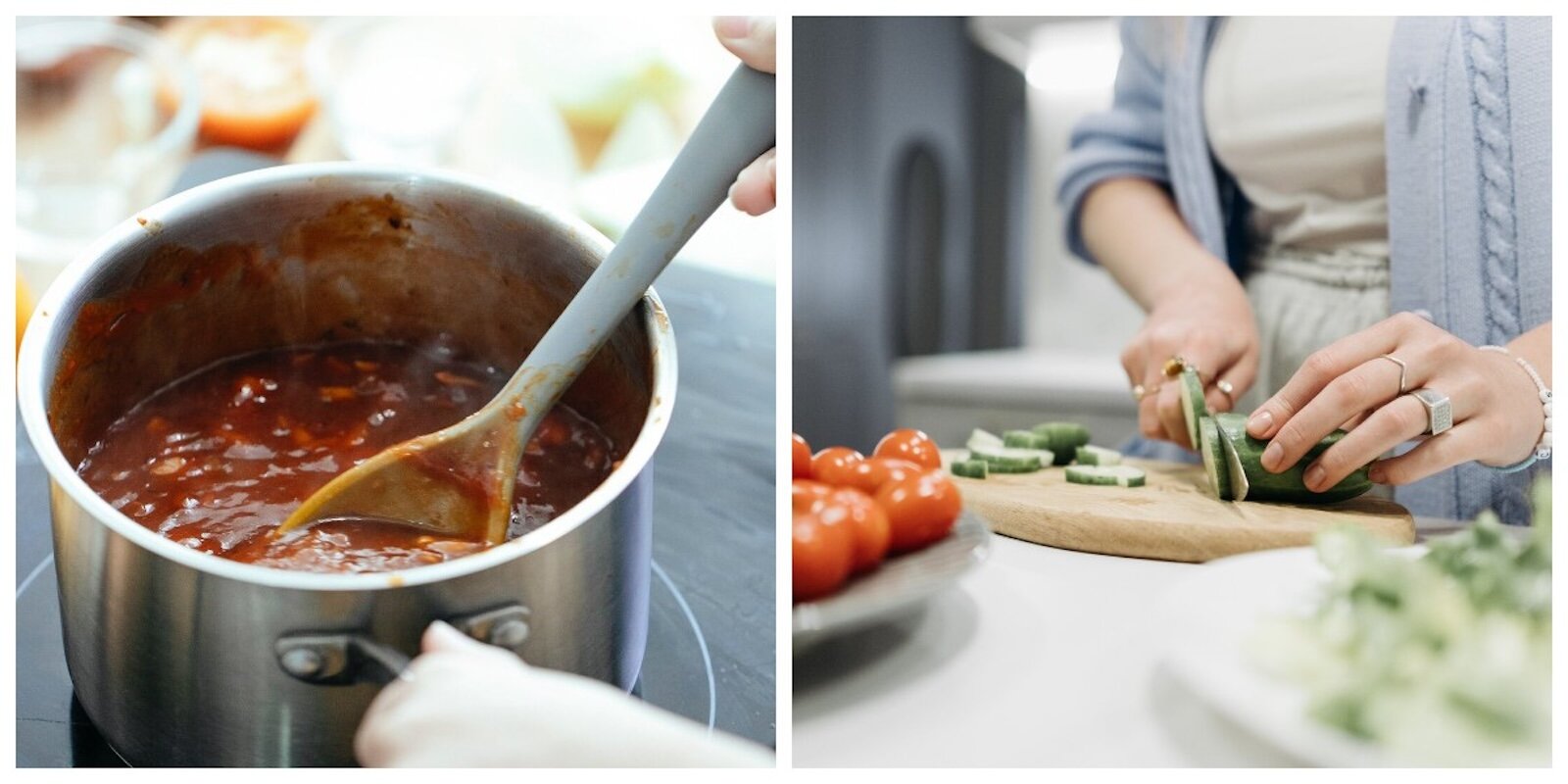 Ilustracja przedstawia garnek z zupą oraz kobietę krojącą warzywa.