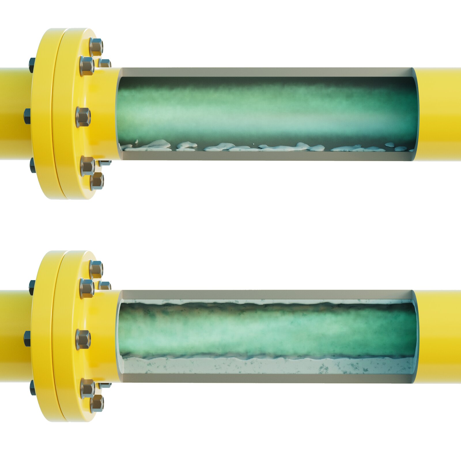 Przekrój przedstawiający proces tworzenia i osadzania hydratów w gazociągu.