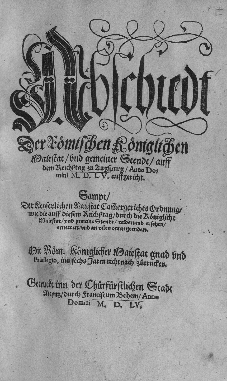 Pierwsza strona druku ulotnego z treścią "pokoju augsburskiego" z 1555 r. Pierwsza strona druku ulotnego z treścią "pokoju augsburskiego" z 1555 r. Źródło: domena publiczna.