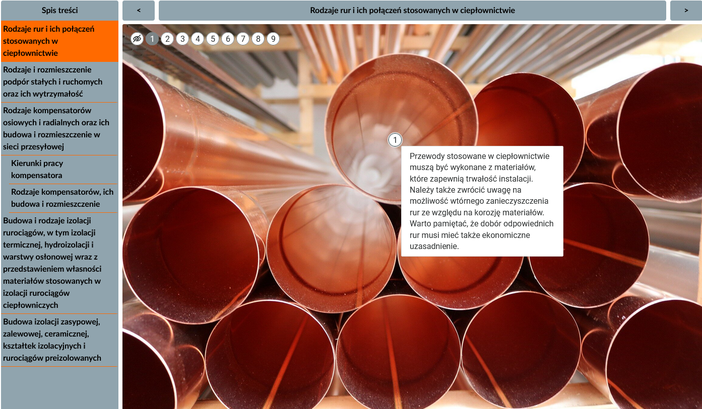 Ilustracja przedstawia przykładowy wygląd grafiki atlasu z wyświetlonym oknem z informacjami. Na grafice znajdują się punktory, pod którymi ukrywa się treść na temat danego elementu. Jeden z punktorów został kliknięty, dzięki czemu widoczne jest okno z informacjami.