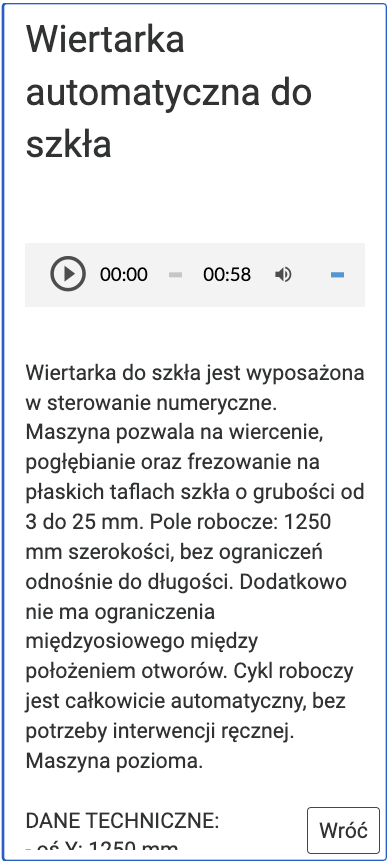 Ilustracja przedstawia kliknięty interaktywny znacznik planszy. Wyświetlona jest treść czytana jest przez lektora. Treść dotyczy wiertarki automatycznej szkła. 