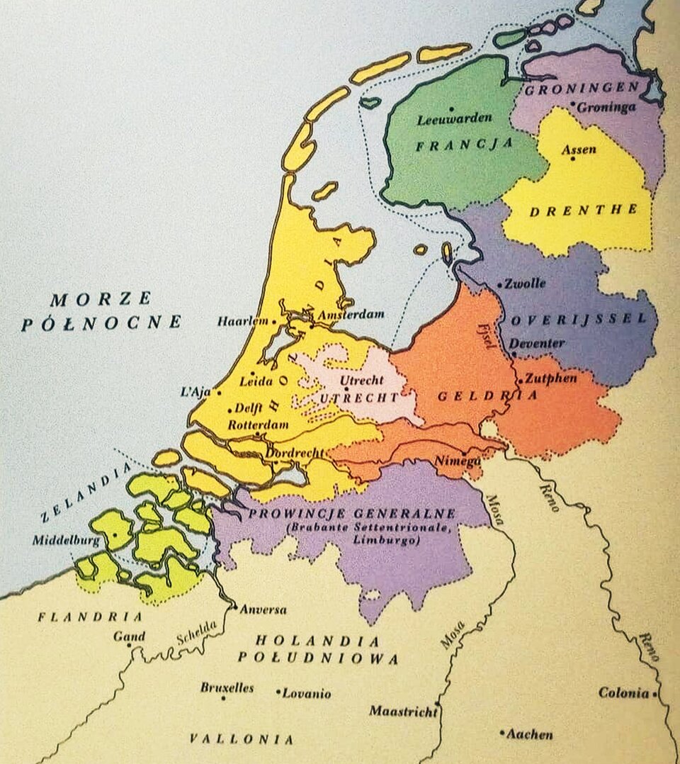 Ilustracja o kształcie pionowego prostokąta przedstawia Mapę Republiki Zjednoczonych Prowincji Niderlandów z 1648 roku. Jest mapą polityczną i uwzględnia podział terytorialny XVII wiecznych Niderlandów na prowincje, oznaczone różnymi kolorami.