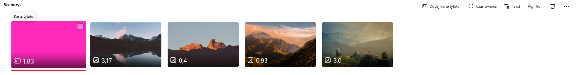 Na zrzucie ekranu przedstawiono sposób dodania synchronizacja filmu z rytem muzyki w aplikacji Edytor Wideo. W górnej części znajduje się napis: scenorys. W sekcji scenorysu widocznych jest pięć miniatur. Pierwsza przedstawia kartę tytułową. Kolejne cztery pokazują tereny górskie. W lewym dolnym rogu obrazów znajdują się cyfry oznaczające długość sceny. Nad miniaturami, w lewym górnym rogu znajduje się napis: karta tytułu.W prawym górnym roku sekcji scenorysu umieszczone są przyciski: dodaj kartę tytułu, czas trwania, tekst, tło, kosz, oraz trzy kropki po naciśnięciu których pojawia się więcej opcji. 