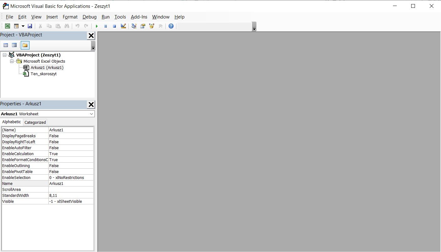 Na ilustracji jest okno edytora Microsoft Visual Basic for Applications Zeszyt1. Otwarta jest lista zatytułowana Project VBAProject. Tu wybrano: Arkusz1. Poniżej jest pole Properties Arkusz1, Arkusz1 Worksheet. Otwarto zakładkę Alphabetic. Wybrano Name.   