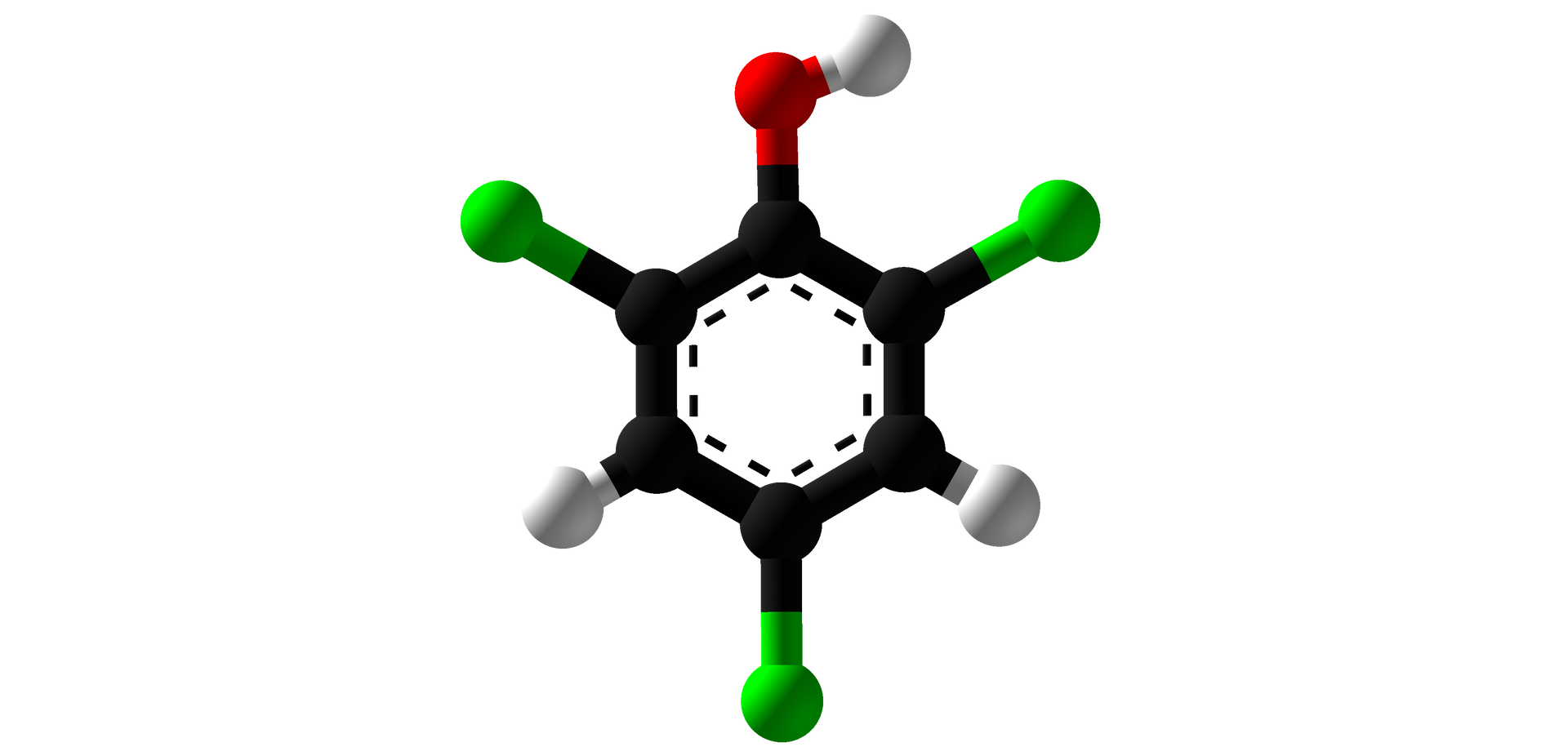Na ilustracji jest model cząsteczki 2,4,6-trichlorofenolu: sześcioczłonowy pierścień zbudowany z sześciu czarnych kulek. Czarna kulka na górze pierścienia łączy się z czerwoną kulką, która łączy się z białą kulką. Czarne kulki po lewej i prawej stronie u góry pierścienia oraz na dole pierścienia łączą się z zieloną kulką. Dwie czarne kulki - leżące na dole po lewej i prawej stronie pierścienia łączą się z białą kulką.   