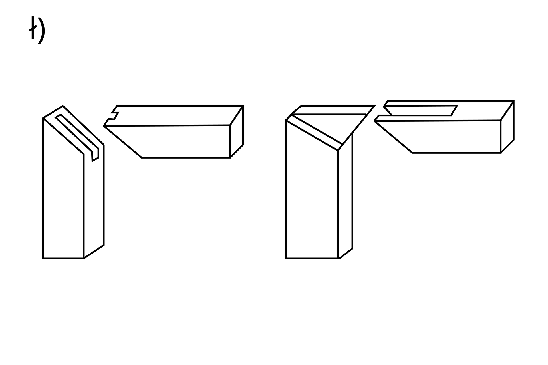 Grafika przedstawia dwa rysunki złącza wpustkowego. Elementy łączą się pod kątem prostym. Końce łączone elementów ścięte są pod kątem czterdziestu pięciu stopni. Na pierwszym rysunku w jednym z elementów pośrodku wycięte jest gniazdo. Na drugim rysunku jeden element zakończony jest czopem o trójkątnym kształcie; czop ten pasuje do gniazda wyciętego w drugim elemencie.