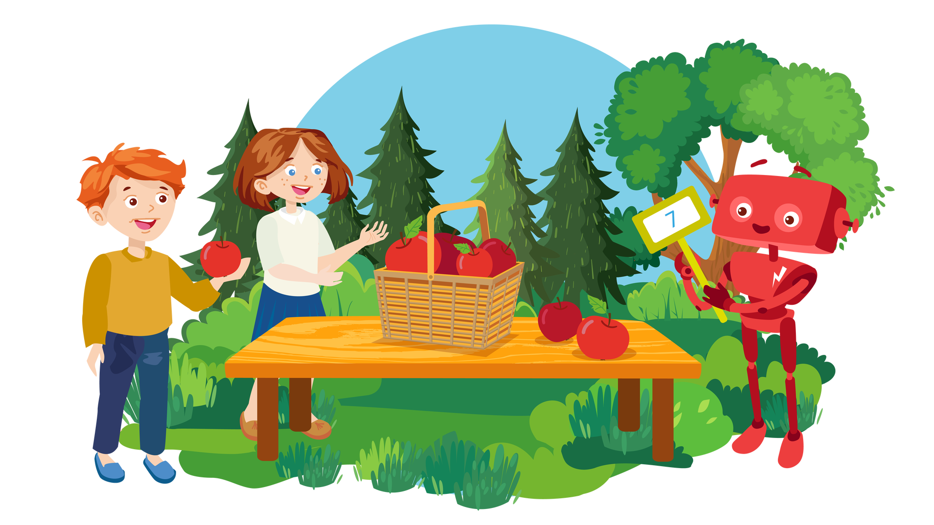 Ilustracja przedstawia rozległy teren porośnięty zielenią. W tle widać błękitne niebo. Dookoła rosną kępki wysokiej trawy, krzewy oraz drzewa iglaste. Po prawej stronie jest również jedno drzewo liściaste. Na pierwszym planie stoi brązowy stół, na którym jest duży jasnobrązowy kosz wypełniony czerwonymi jabłkami. Dwa kolejne jabłka leżą na blacie obok kosza. Po prawej stronie stołu stoi uśmiechnięty Zgrzytek. W dłoniach trzyma jasnozielony kij zakończony tabliczką z niebieską cyfrą 7 na białym tle. Po lewej stronie stołu stoją uśmiechnięci Franek i Maja. Franek trzyma w lewej dłoni czerwone jabłko i patrzy na Zgrzytka. Maja patrzy na kosz z jabłkami i wyciąga ręce w jego kierunku.