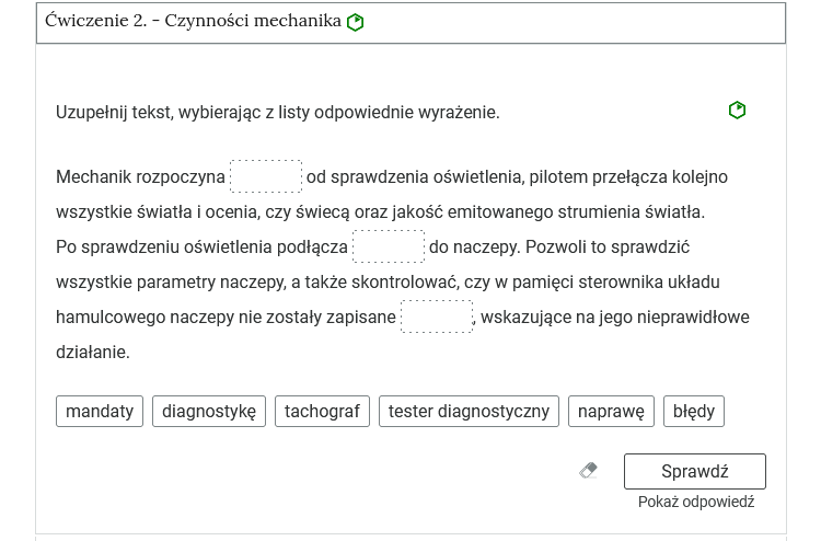 Zrzut ekranu przedstawia przykładowy wygląd zadania. Na zdjęciu widoczna jest rozwinięta zakładka z ćwiczeniem drugim. W zakładce zawarte jest zadanie polegające na uzupełnieniu zdań podanymi pojęciami.