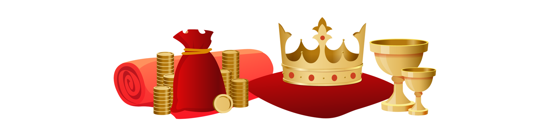 Ilustracja przedstawia przedmioty kojarzące się z królem. Po lewej stronie leży rulon czerwonego materiału. Przed nim znajduje się czerwona sakiewka, a obok niej stosy złotych monet. Dalej leży czerwona poduszka, na której ułożona jest wysadzana czerwonymi kamieniami, złota korona. Po prawej stronie stoją dwa złote puchary – jeden większy, a drugi mniejszy.