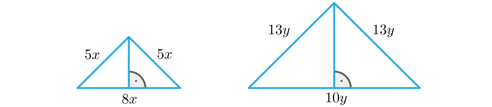 Ilustracja przedstawia dwa rysunki trójkątów równoramiennych. Z lewej strony mamy trójkąt o ramionach o długości 5 x i o podstawie 8 x. W trójkącie upuszczono wysokość z górnego wierzchołka i zaznaczono kąt prosty między wysokością a podstawą. Z prawej strony mamy trójkąt o ramionach o długości 13 y i o podstawie 10 y. W trójkącie upuszczono wysokość z górnego wierzchołka i zaznaczono kąt prosty między wysokością a podstawą.