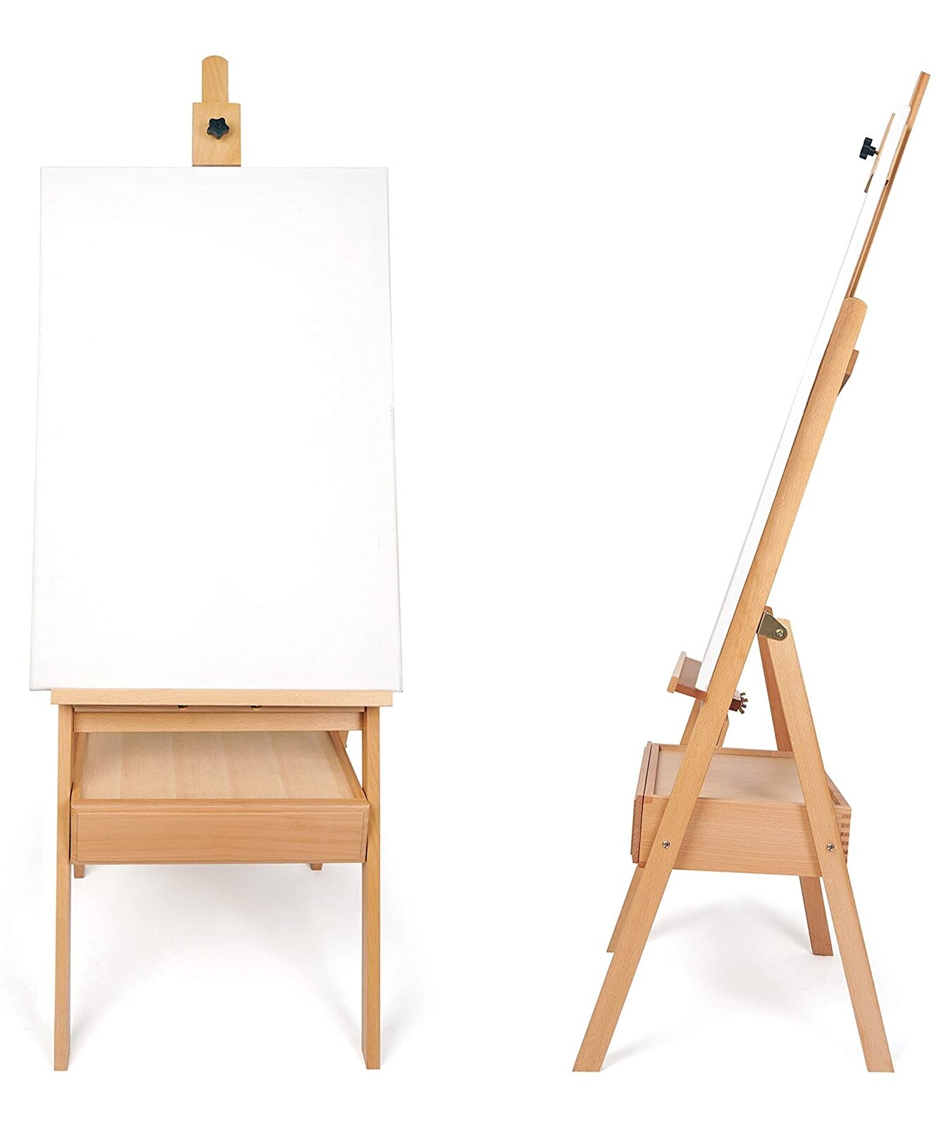 Sztaluga drewniana studyjna z szufladą Fotografia przedstawia widok na sztalugę studyjną z szufladą na białym tle. Sztaluga została wykonana z jasnego drewna, ma cztery nogi, do których przymocowana została szuflada. Elementy drewniane są ze sobą połączone metalowymi śrubkami. Sztaluga została zaprezentowana w dwóch rzutach – od frontu i od boku. Na sztaludze znajduje się białe płótno. Górna część sztalugi, zbudowana jest z pionowej listwy, w której znajduje się czarna śruba.