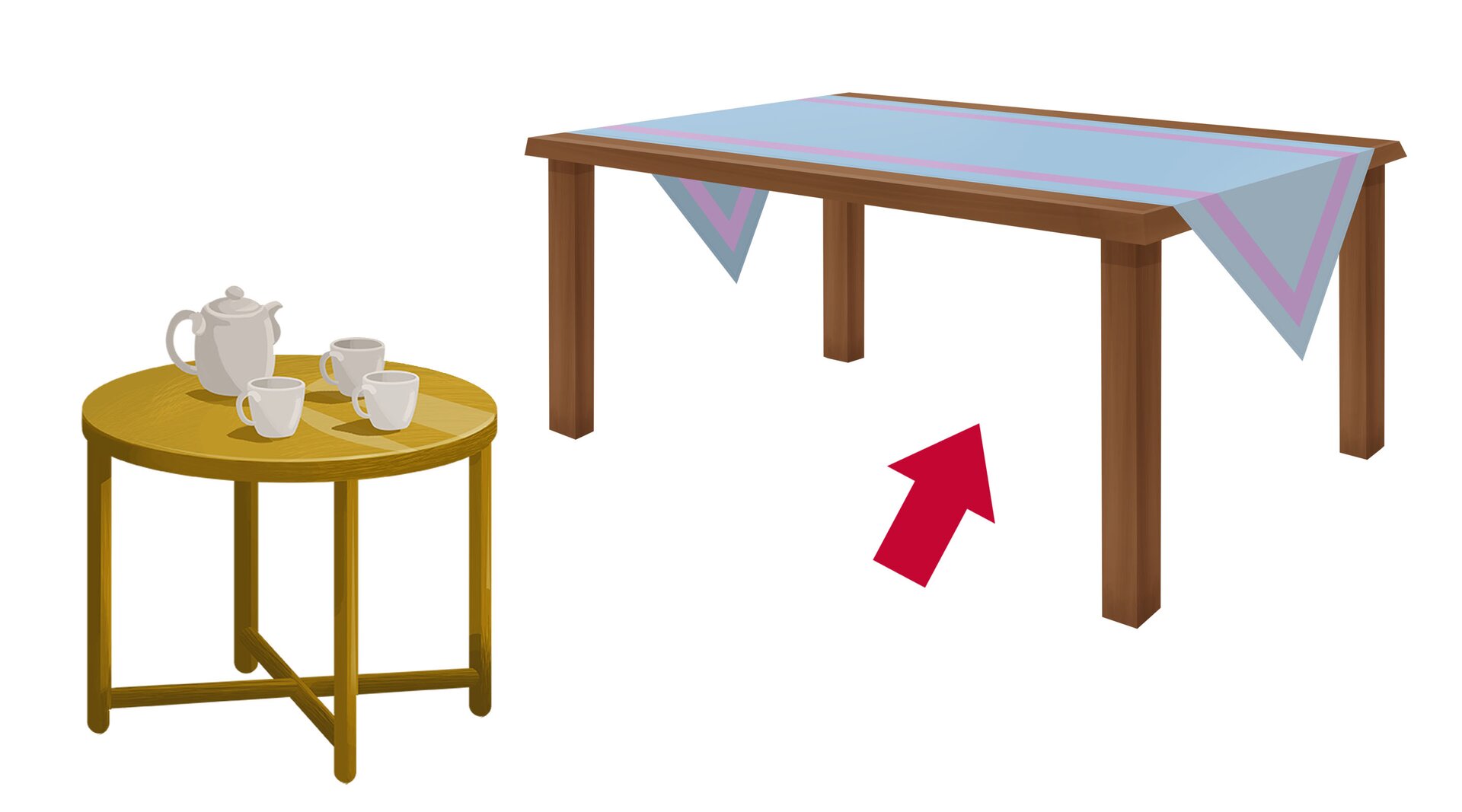 Ilustracja przedstawia duży stół oraz okrągły stolik kawowy. Czerwona strzałka wskazuje na duży stół.