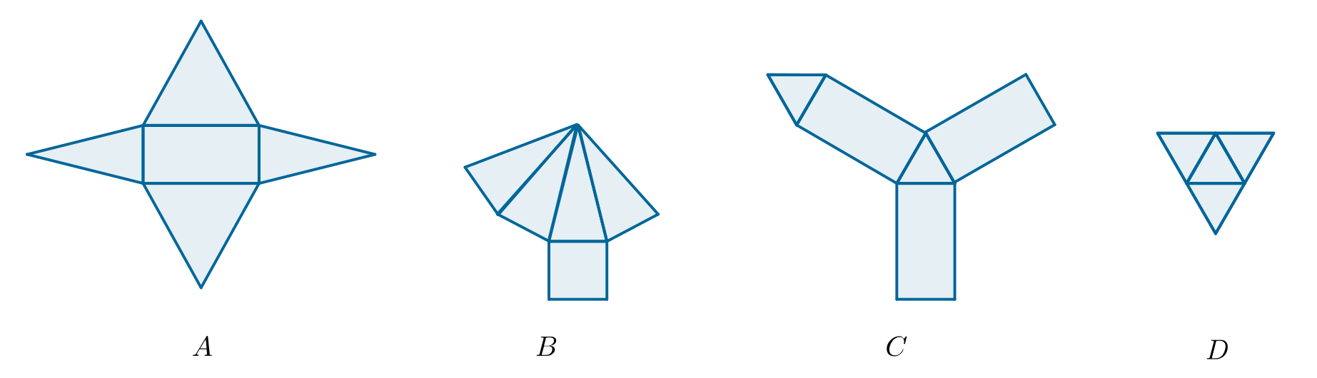 Rysunek czterech siatek. Pierwsza siatka składa się z prostokąta i dwóch par trójkątów równoramiennych. Druga siatka składa się z kwadratu i czterech trójkątów równoramiennych. Trzecia siatka składa się z dwóch trójkątów równobocznych i trzech prostokątów. Czwarta siatka składa się z czterech trójkątów równobocznych.