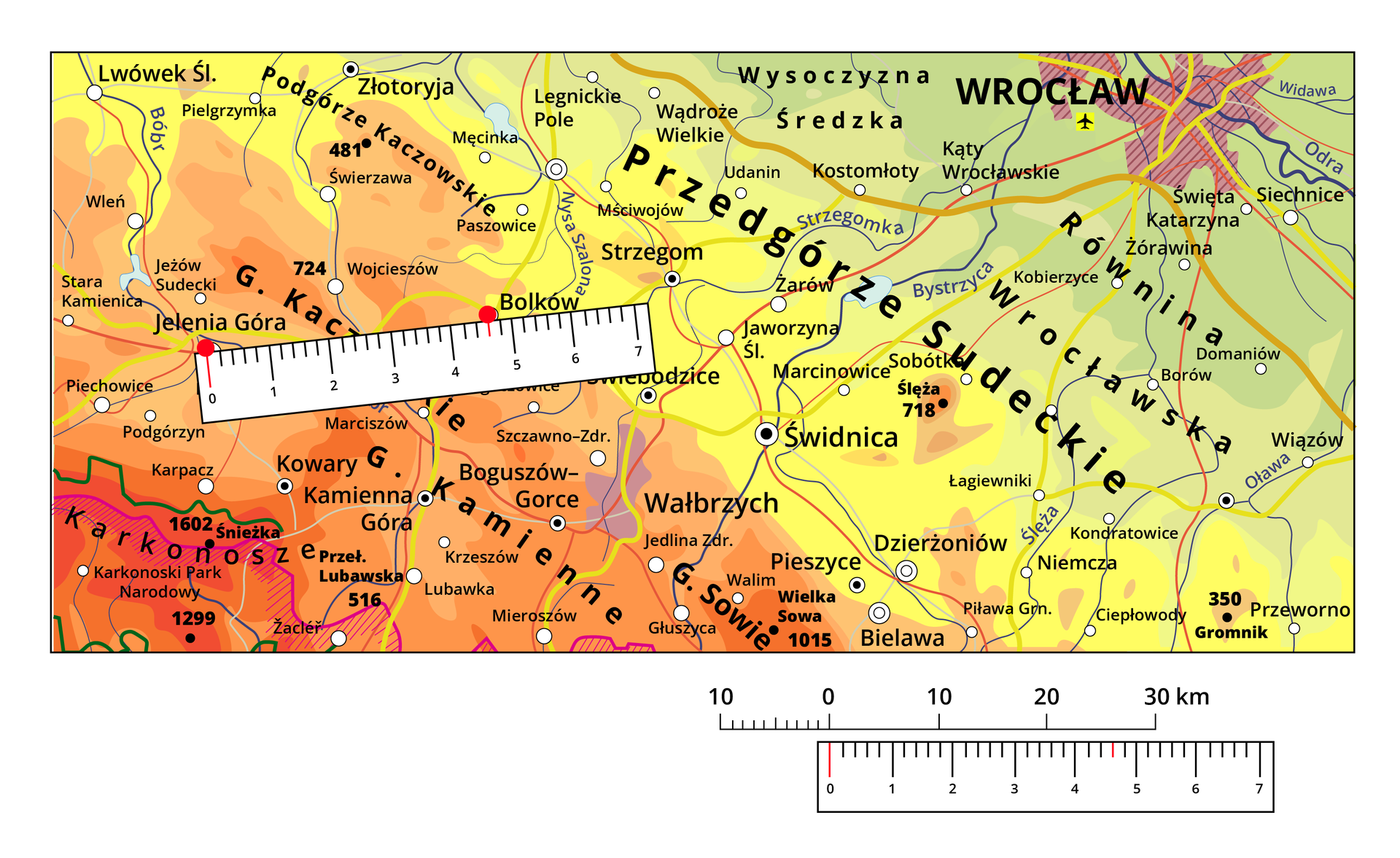Ilustracja przedstawia mapę fizyczną fragmentu Niziny Śląskiej i Sudetów.  Na mapie zaznaczono wysokość terenu kolorami od ciemnozielonego do czerwonego, większe i mniejsze miasta oraz akweny. Pod mapą skala liniowa, w której jedna jednostka odpowiada dziesięciu kilometrom.  Pod skalą znajduje się linijka, która ma 7 centymetrów. Jeden pojemniczek na podziałce liniowej o wartości 10 kilometrów odpowiada 1,8 centymetrom na linijce. Na mapie powyżej została naniesiona ta sama linijka poprowadzona od Jeleniej Góry do Bolków, ta odległość została zaznaczona czerwoną kropką. Odległość między dwoma miastami na linijce wynosi 4,6 centymetra.