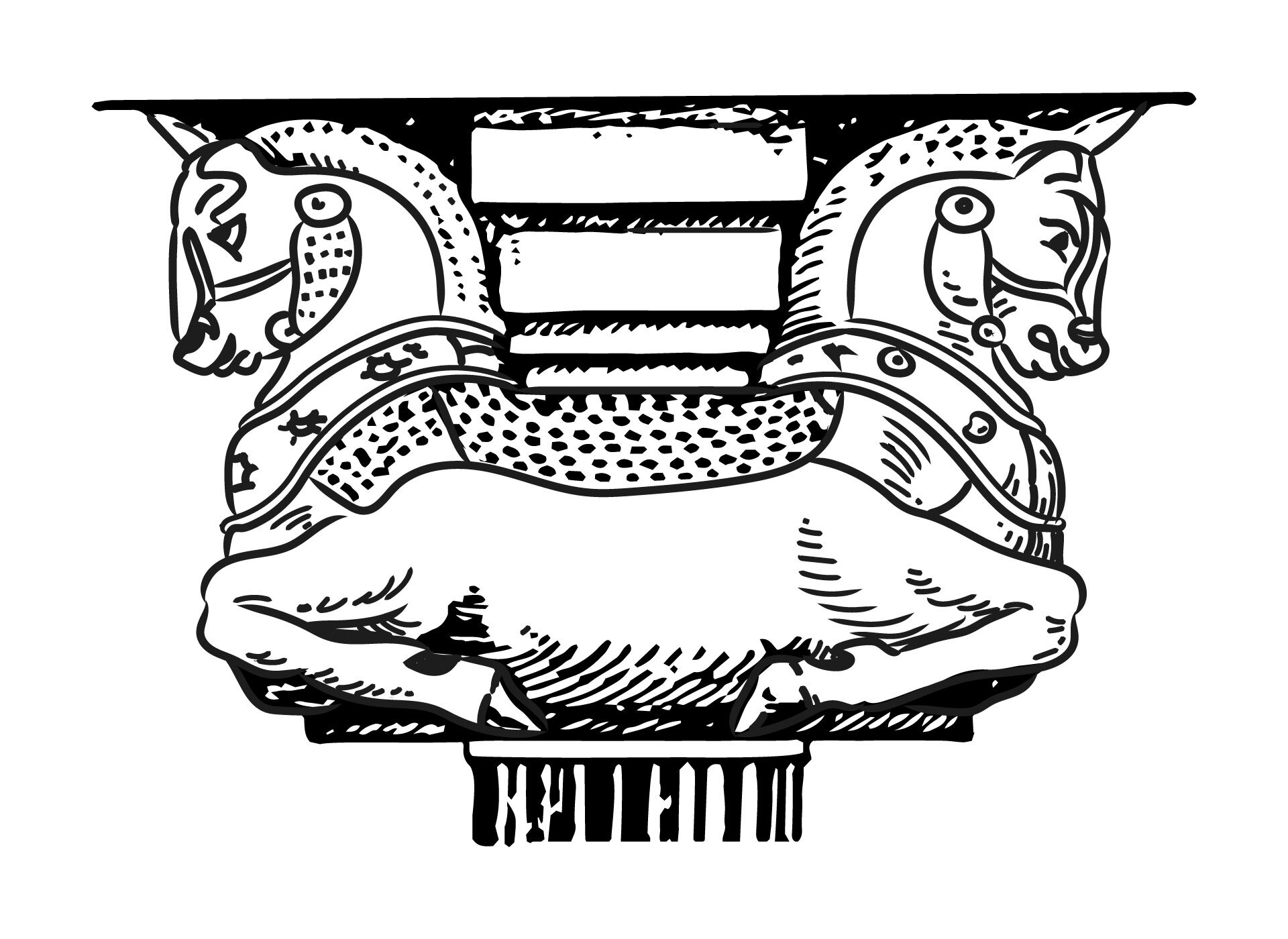 Czarno‑biała ilustracja przedstawia głowicę w stylu perskim. Głowica składa się z dwóch końskich głów i tułowi połączonych ze sobą. Każde ze zwierząt ma na głowie zbroje i próbuje galopować w swoją stronę. 