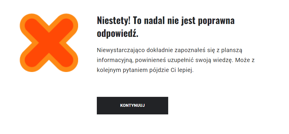 Przykładowy komunikat o błędnej odpowiedzi (w przypadku trzeciej nieudanej próby udzielenia prawidłowej odpowiedzi)