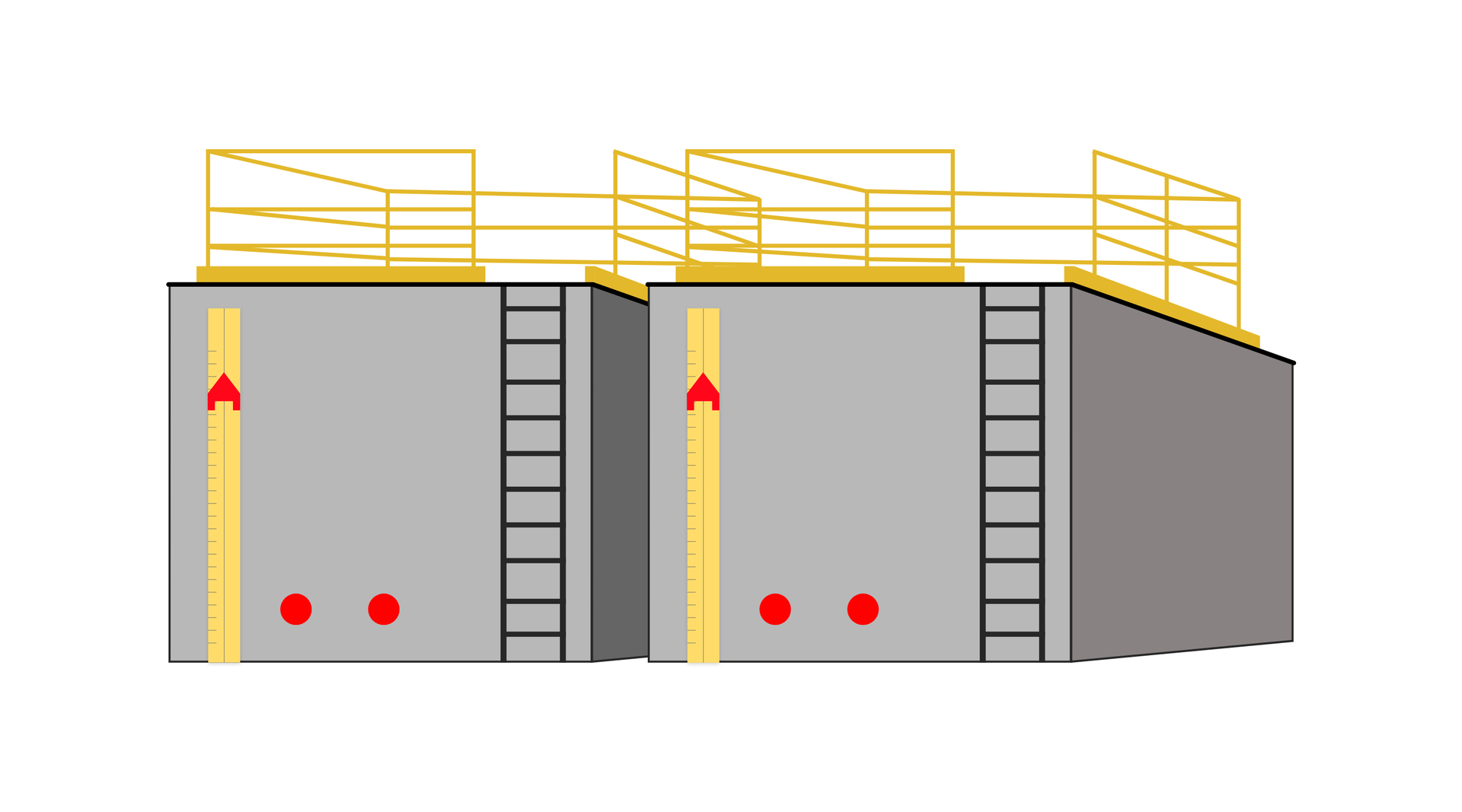 Ilustracja przedstawia zbiorniki magazynowe prostopadłościenne z poziomowskazem zewnętrznym. Są to dwa identyczne zbiorniki. Każdy z nich posiada z prawej strony zamontowaną drabinkę. W górnej części zbiorników zamontowane są platformy, ograniczone dookoła barierką. Po lewej stronie każdego ze zbiorników znajduje się jeden poziomowskaz zewnętrzy informujący o poziomie zawartości zbiornika. U dołu ścianek zbiorników zlokalizowanych na pierwszym planie znajdują się po dwa czerwone kółka, reprezentujące kryzy przyłączeniowe.