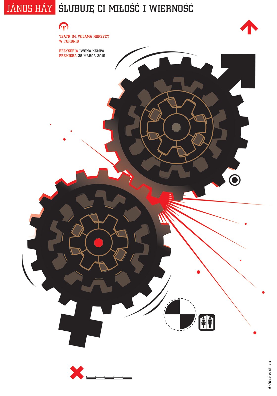 Ilustracja przedstawia plakat do przedstawienia teatralnego „Ślubuję ci miłość i wierność”, autorstwa Nikodema Pręgowskiego. Na białym tle umieszczone zostały dwa czarno‑szare koła zębate. Do koła znajdującego się wyżej dodano u góry strzałkę, przez co przypomina graficzny symbol męskości. Natomiast u dołu koła znajdującego się na dole kompozycji dodany został krzyżyk, co nadaje mu kształt graficznego symbolu żeńskiego. Na styku dwóch obracających się zębatek artysta umieścił czerwoną, iskrzącą plamę. Zabieg ten nadaje wrażenie ścierania się o siebie obu zazębionych elementów. W górnej części plakatu umieszczone zostały czerwono‑czarne napisy informacyjne. W prawym dolnym rogu umieszczono dwie ikonki kobiety i mężczyzny w ramce kwadratowej oraz ikonkę środka ciężkości. Na samej górze znajduje się tekst:  János Háy  „Ślubuję ci miłość i wierność”.