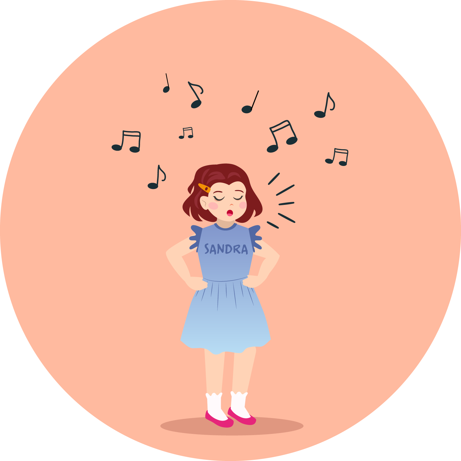 Ilustracja przedstawia dziewczynkę o imieniu  Sandra, ubraną w niebieską sukienkę. Dziewczynka śpiewa z zamkniętymi oczami, a nad jej głową unoszą się nutki.
