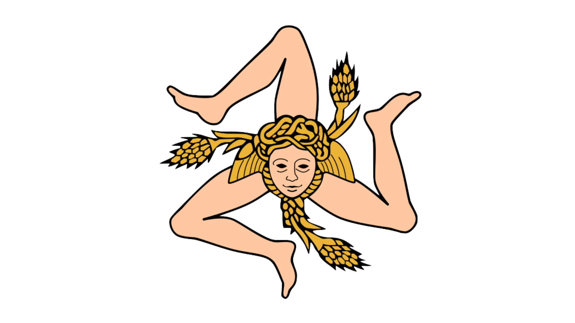 Grafika przedstawia symbol Sycylii. Jest to meduza o głowie kobiety, do której dołączone zostały trzy zgięte w kolanach nogi. Na głowie, imitację włosów, stanowią zaplątane pomiędzy sobą węże, spośród których wystają trzy łany zboża oraz skrzydła.