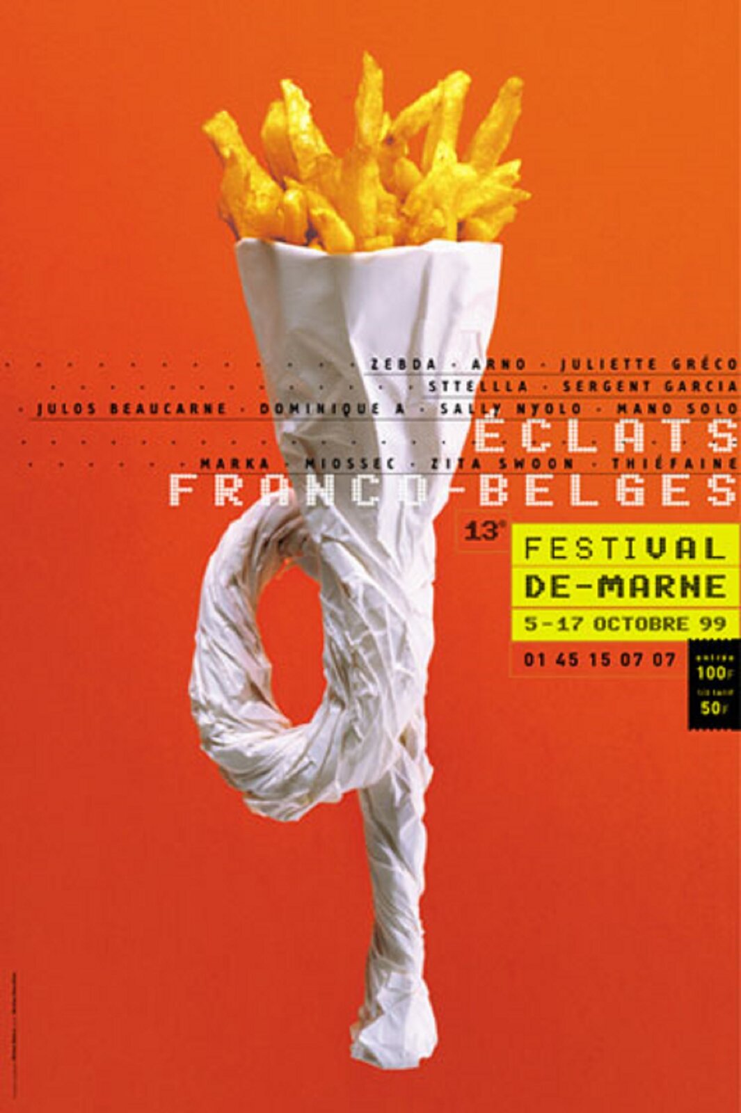 Ilustracja przedstawia plakat promujący festiwal muzyczny „ Festival De‑marne 1999”, autorstwa Michała Batorego. W centrum zamkniętej kompozycji, na czerwonym tle ukazana została biała papierowa torebka ugnieciona w kształt trąbki, z której szerokiego wylotu wystają frytki. W centrum grafiki znajduje się czarno‑biały blok tekstowy informujący o szczegółach wydarzenia. Po prawej stronie, w żółtym prostokącie umieszczony został czarny napis: „ FESTIVAL DE‑MARNE 5‑17 OCTOBRE 99”.