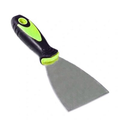 Zdjęcie przedstawia szpachelkę. To narzędzie składające się z wykonanej ze stali nierdzewnej płytki oraz przymocowanego na środku uchwytu.