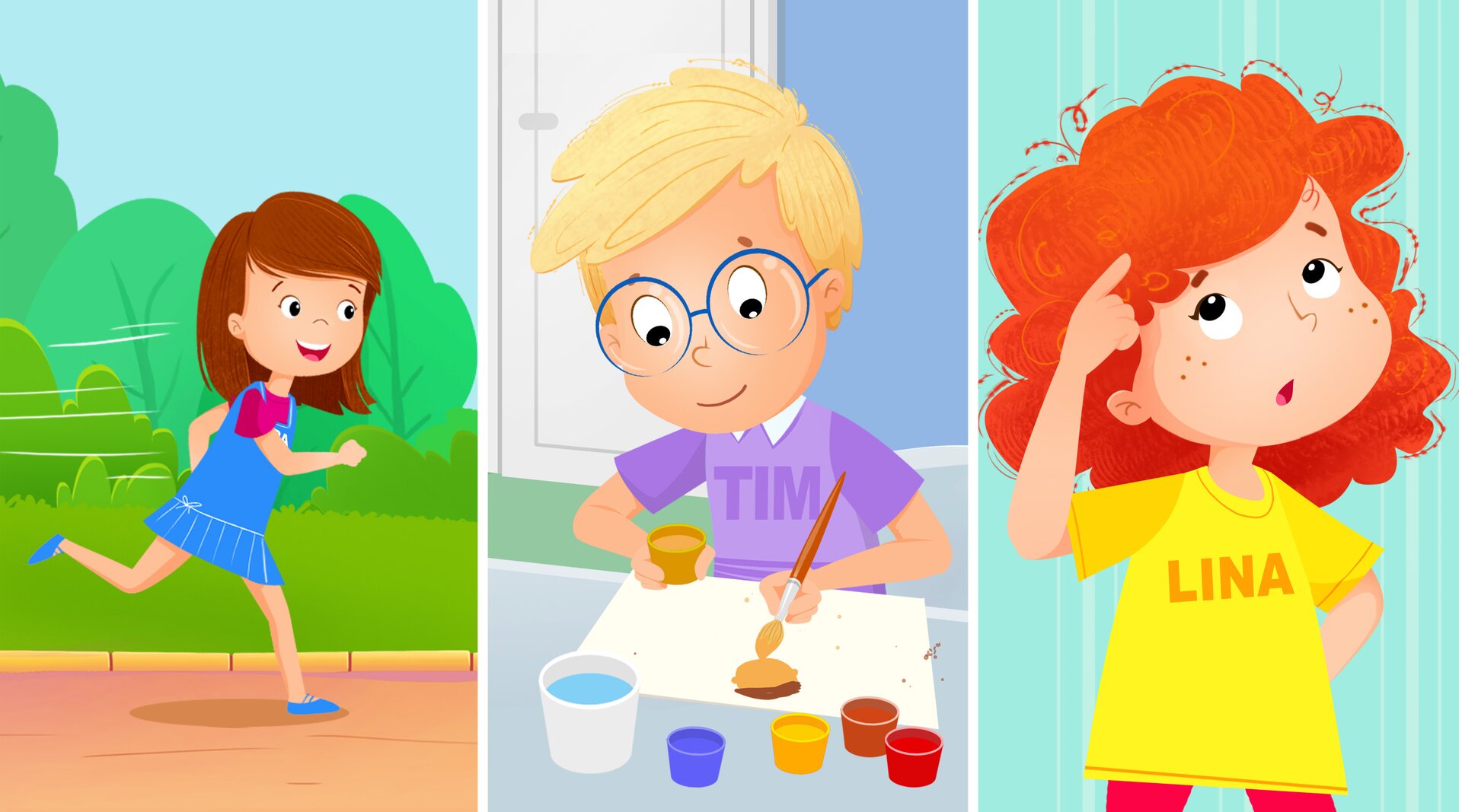 Ilustracja przedstawia biegnąca Klarę, malującego Tima i zastanwiającą się Linę.