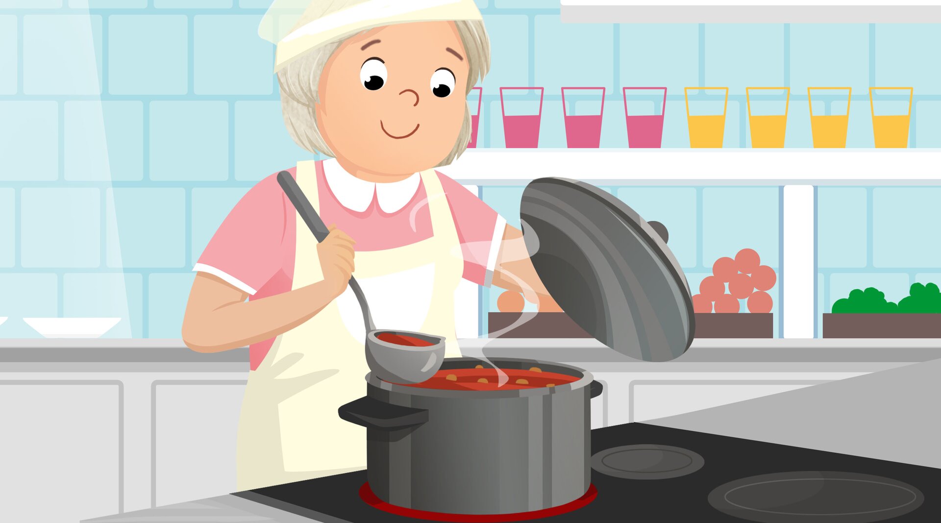 Na ilustracji znajduje się Kucharka, która gotuje zupę.