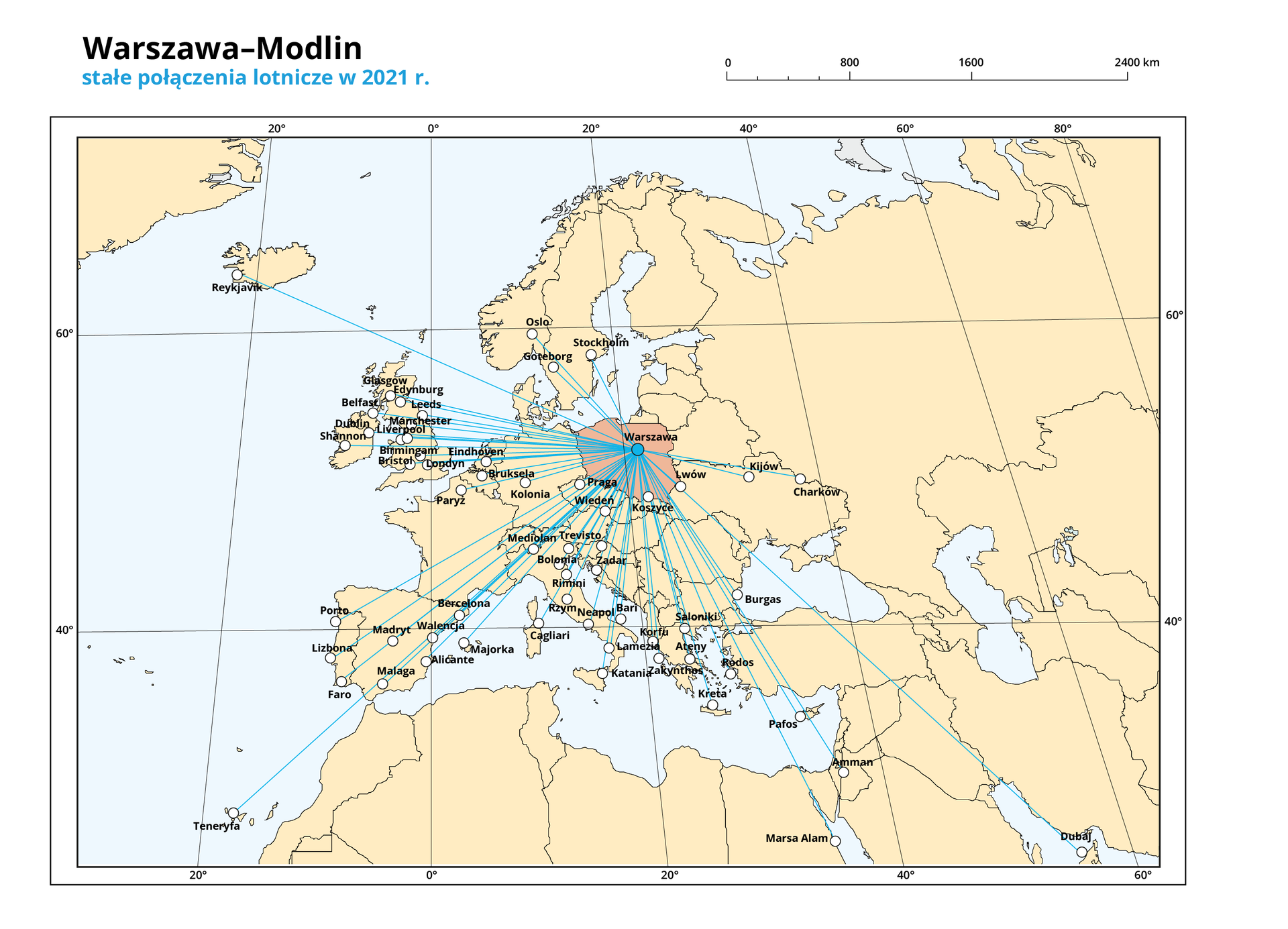 Ilustracja przedstawia fragment mapy Europy i obrazuje stałe połączenia lotnicze z Warszawy‑Modlina w roku 2021. Polska oznaczona jest kolorem pomarańczowym. Pozostałe kraje na żółto z szarymi granicami. W Polsce niebieską kropką oznaczono Warszawę‑Modlin, z których niebieskimi liniami oznaczono połączenia lotnicze z następującymi miastami na mapie oznaczonymi białym kółkami: Reykjavik, Oslo, Goteborg, Stockholm, Glasgow, Edynburg, Leeds, Belfast, Dublin, Shannon, Manchester, Liverpool, Birmingham, Bristol, Londyn, Eindhoven, Bruksela, Kolonia, Paryż, Praga, Wiedeń, Koszyce, Mediolan, Trevisto, Bolonia, Zadar, Rimini, Rzym, Neapol, Bari, Caligari, Barcelona, Walencja, Majorka, Alicante, Mardyt, Malaga, Porto, Lizbona, Faro, Teneryfa, Lamezia, Katania, Korfu, Zakyntos, Ateny, Saloniki, Kreta, Rodos, Pafos, Amman, Marsa Alam, Burgas, Lwów, Kijów, Charków. Nad mapą po prawej stronie podziałka liniowa od 0 do 2400 km, co 800 km. Podpis – nad mapą: Warszawa‑Modlin stałe połączenia lotnicze w 2021 r.
