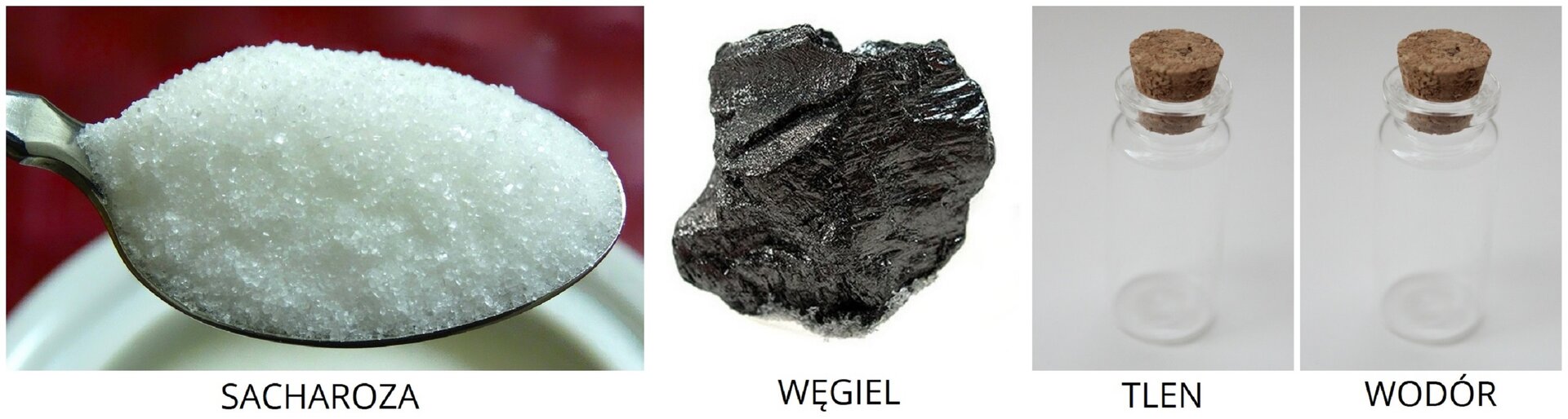 Na ilustracji przedstawiono cztery zdjęcia wraz z podpisami. Na pierwszym zdjęciu, podpisanym Sacharoza, znajduje się łyżeczka pełna białego cukru. Na drugim przedstawiono bryłkę węgla, podpis: Węgiel. Na trzecim i czwartym zdjęciu ukazano kolejno tlen i wodór. Na ilustracjach znajdują się puste szklane buteleczki zatkane korkiem.