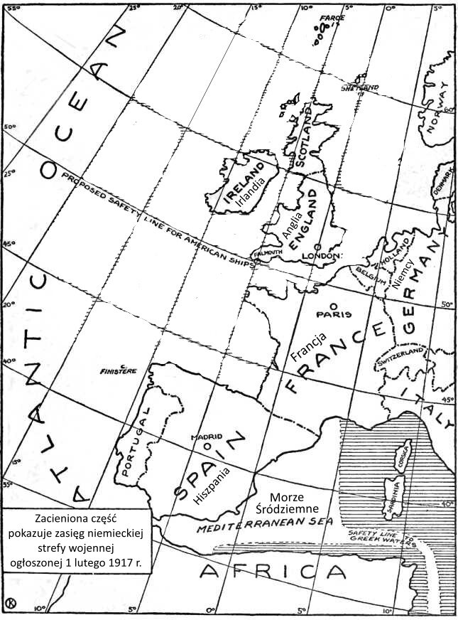Na fragmencie mapy południowej Europy oraz północnej Afryki zacieniono część pokazująca zasięg niemieckiej strefy wojennej ogłoszonej 1 lutego 1917 roku. To cała wschodnia część Morza Śródziemnego, bez Sardynii i Korsyki oraz obszar morza od zachodu na wschód i południu wzdłuż wybrzeża Afryki. Nie jest zacieniona wąska przestrzeń poniżej Sardynii. To Safety line to green waters. 